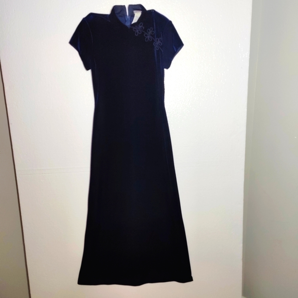 Vintage 80s Rhapsody Soft Slinky Poly Velvet Frog Collar Maxi Dress .Blue Size 8